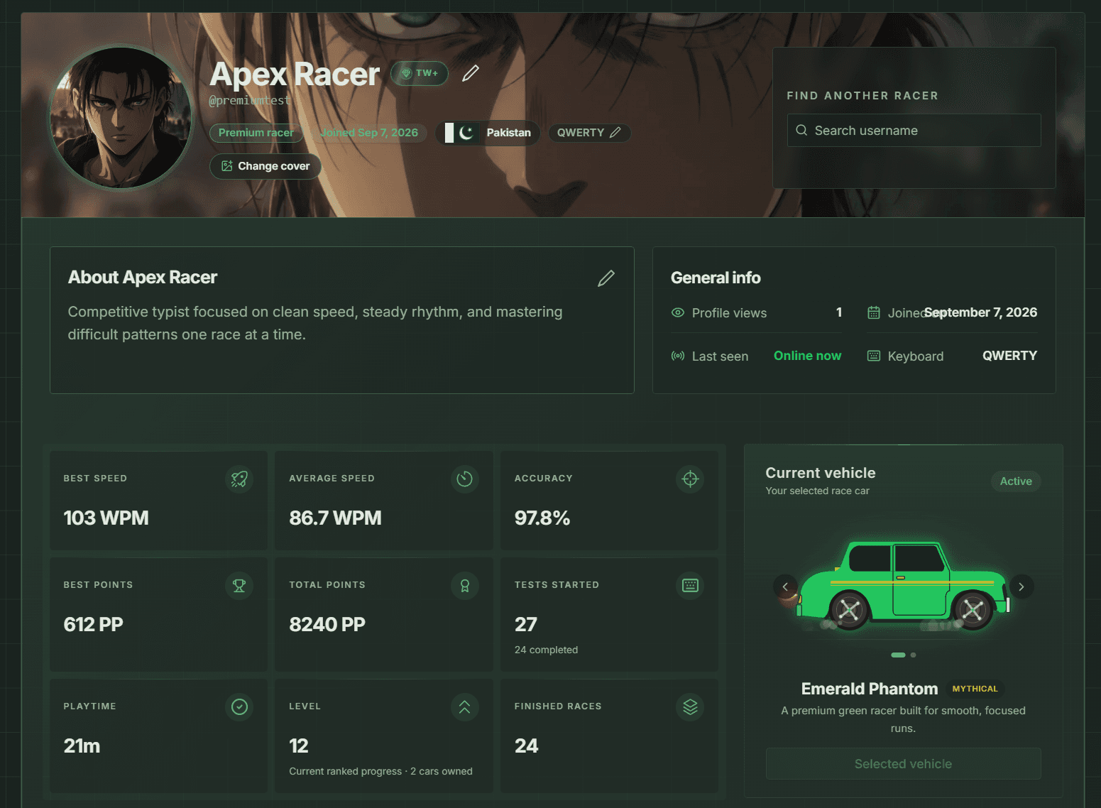 TW+ custom profile with a profile image, cover, racing statistics, and Emerald Phantom car